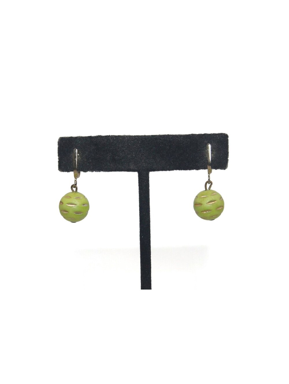 Vintage Gold Tone and Green Plastic Ball Screw Back Dangle Earrings.